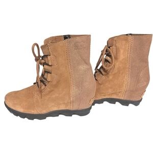 Sorel Joan Of Artic Suede Hidden Heel Boots‎ Sz 5 Tan Lace Up Winter